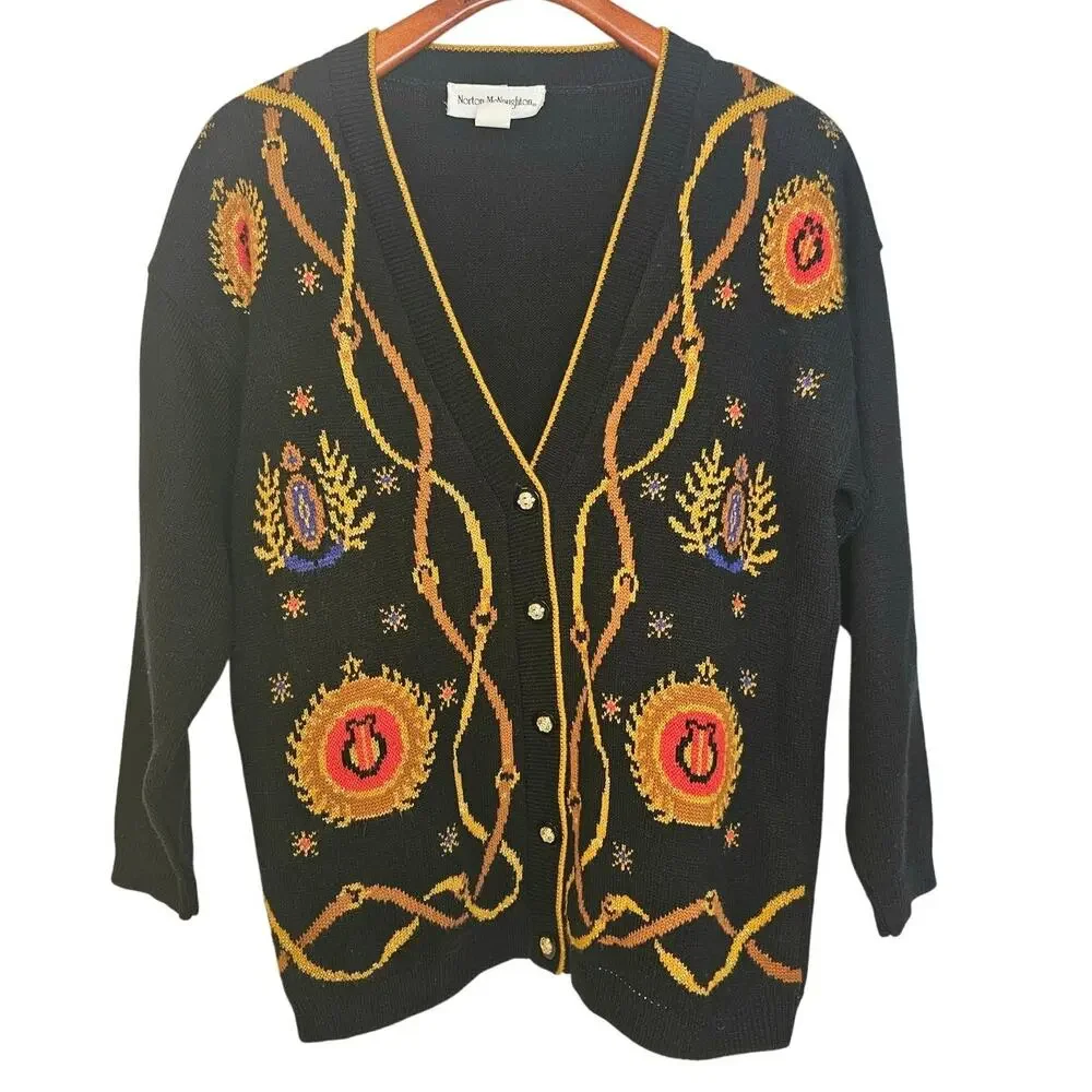 Vintage Norton McNaughton Black Cardigan Sweater w/ Metallic Crest Chain Motif